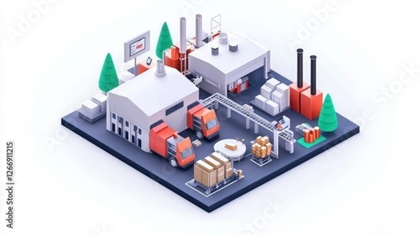 Obraz A colorful isometric representation of an industrial area featuring factories, trucks, storage, and greenery.