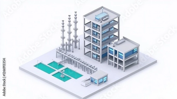 Fototapeta A modern industrial facility featuring multiple structures, pools, and tall chimneys, representing advanced manufacturing or processing capabilities.