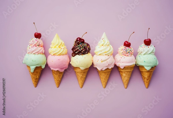 Obraz Colorful ice cream cones with sprinkles and cherries