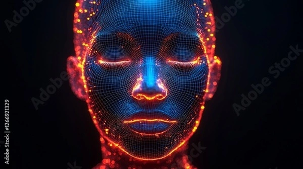 Fototapeta Futuristic digital portrait of a glowing humanoid face with vibrant neon colors against a dark background