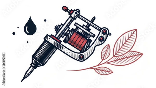 Fototapeta A detailed tattoo machine is depicted alongside a stylized leaf branch in red and black ink. Droplets of ink add a dynamic touch to the design.AI