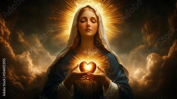 Fototapeta Blessed Virgin Mary Holding a Glowing Sacred Heart Amidst Clouds, Draped in a Dark Blue Robe with a Circle of Golden Light