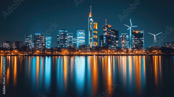 Fototapeta Energy Reuse and Renewable Energy，a high-tech renewable energy recovery system, seamlessly integrating with towering wind turbines and expansive solar panels in the distance. this advanced setup repre