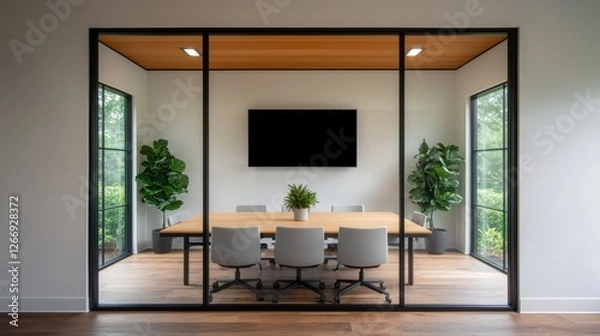 Fototapeta A contemporary conference room featuring glass walls, a large wooden table, and potted plants, creating a natural and inviting atmosphere