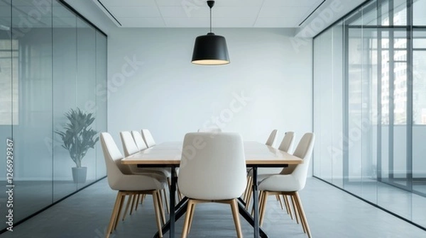 Fototapeta Modern conference room with a clean white color scheme, glass walls, a wooden table, and stylish upholstered chairs, creating a professional and elegant workspace