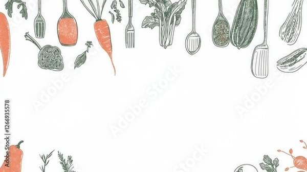 Fototapeta Colorful hand-drawn vegetables and utensils arranged in a creative layout for culinary art