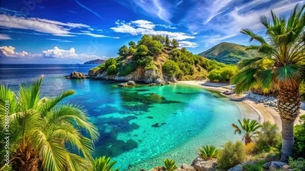 Fototapeta Greek Island Paradise: Turquoise Lagoon, Palm Trees & Sandy Beach Summer Vacation
