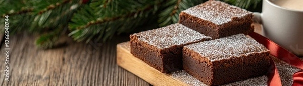 Fototapeta Homemade chocolate brownie slices on wooden board with festive pine branches and coffee cup for Christmas theme