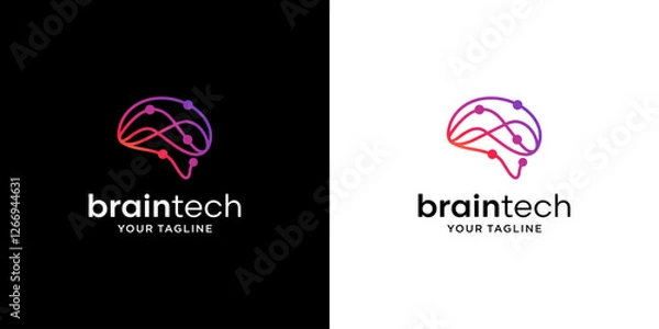 Fototapeta Brain tech logo icon design with creative connecting dots symbol. Brain connection logo vector icon. Digital brain.