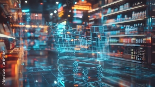 Fototapeta A futuristic shopping cart in a digital grocery store, showcasing advanced technology and innovation in retail environments.