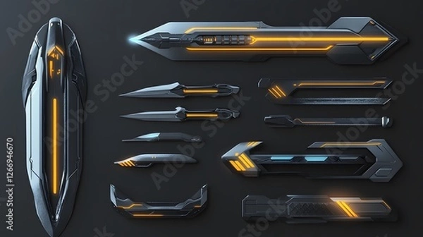 Obraz Futuristic Sci Fi Weaponry Set Cyberpunk Style Blades Swords and Energy Weapons