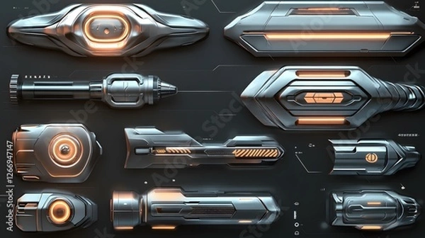 Obraz Futuristic Sci Fi Weaponry Collection Metal Orange Lights High Tech Design Elements