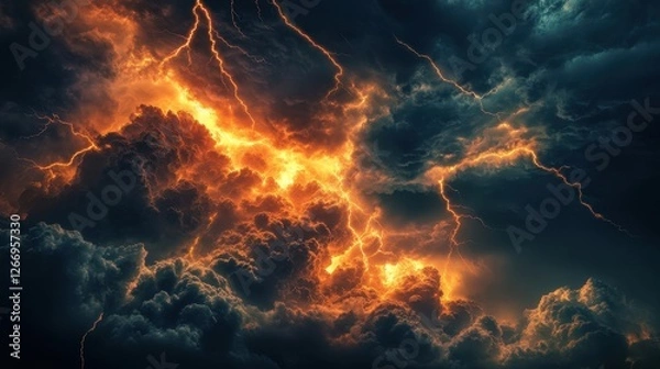Fototapeta Chaotic Storm with Violent Black Clouds and Lightning