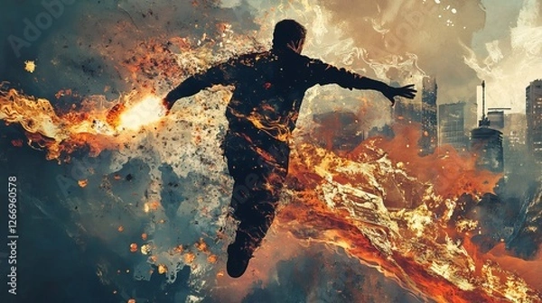 Fototapeta Dynamic digital artwork depicting a man in mid-throw, showcasing intense motion and vibrant colors, emphasizing strength and determination.