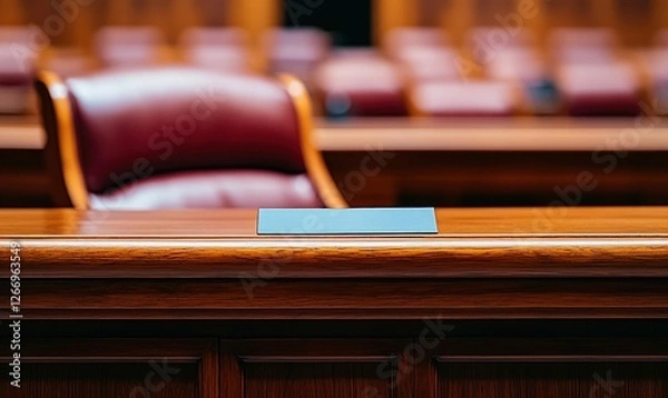 Obraz Elegant Wooden Courtroom with Rows of Red Leather Chairs