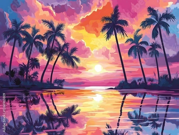 Fototapeta Fiery Orange and Purple Sunset with Silhouetted Palm Trees Reflecting Over a Tranquil Tropical Lagoon, Creating a Serene and Dreamy Beach Paradise Scene