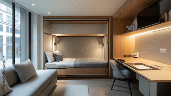 Fototapeta Smart micro-apartment with multifunctional furniture, including a fold-down desk, convertible bed, and sliding kitchen counter, featuring warm wood tones and soft gray textiles