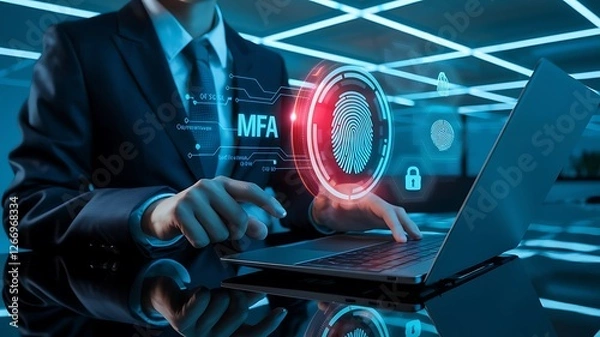 Fototapeta businessman pressing virtual button MFA, multi factor authentication. cloud computing concept, cloud technology, biometric, fingerprint, mfa, 2fa, firewall, encryption, authentication, authorization