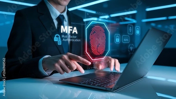 Obraz businessman pressing virtual button MFA, multi factor authentication. cloud computing concept, cloud technology, biometric, fingerprint, mfa, 2fa, firewall, encryption, authentication, authorization