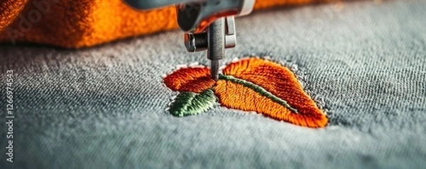 Obraz Sewing Machine Stitching Small Embroidered Patch onto Fabric with Iron Press
