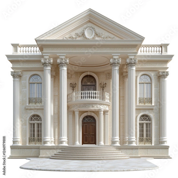 Obraz Luxurious mansion with grand columns, intricate details, and elegant design. impressive facade features large entrance and ornate balcony, showcasing classic architecture