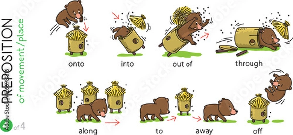 Obraz Preposition of movement. Funny bears cartoon set