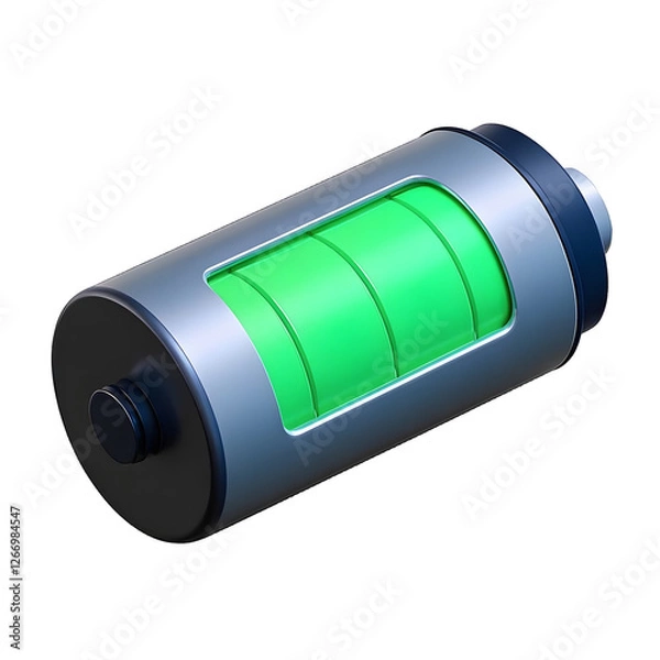 Fototapeta A modern 3D battery icon with a smooth, metallic finish and a glowing green energy bar