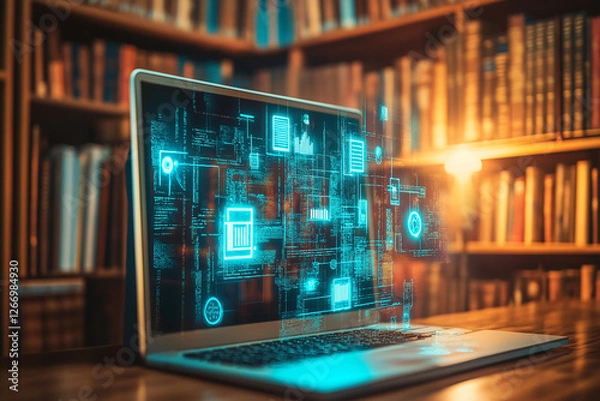 Fototapeta Concept of an e library with virtual icons computer