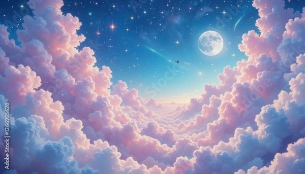 Obraz Dreamy night sky with moon and starry pink clouds