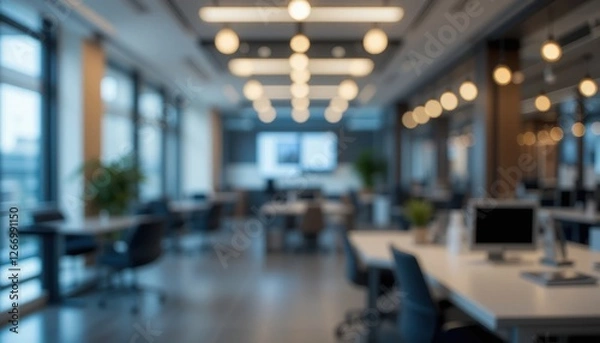 Fototapeta Modern open office with blurred focus and ambient lighting