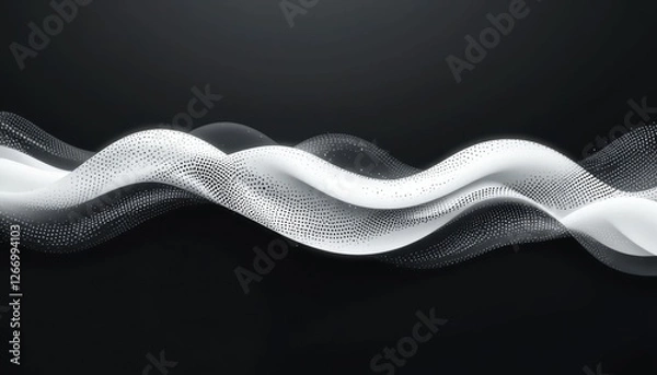 Obraz Abstract waveform composition with dynamic fluid curves and dotted patterns on black background