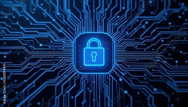 Obraz Digital circuitry with padlock icon representing cybersecurity and data protection