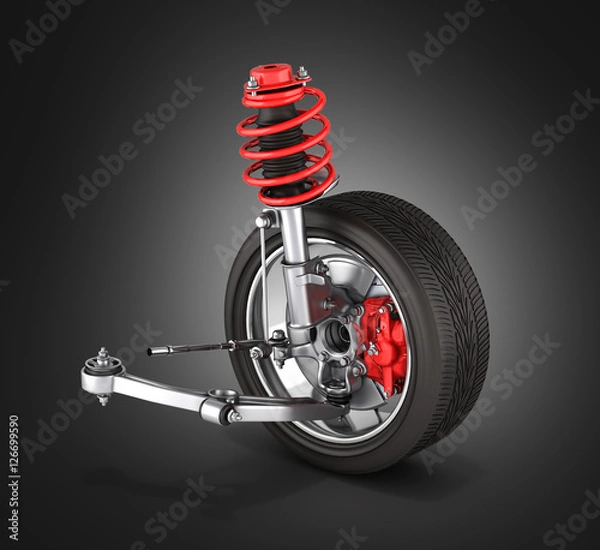 Fototapeta suspension of the car with wheel without shadow on black backgro
