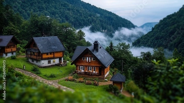 Obraz Serene Mountain Cabins Surrounded by Lush Greenery and Misty Valleys in Tranquil Landscape