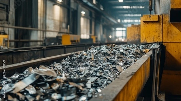 Fototapeta Automated Metal Waste Sorting Conveyor in Industrial Recycling Facility