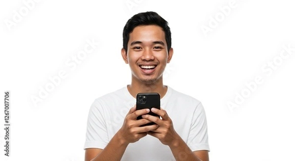 Fototapeta Man Using Mobile Phone Smiling on Isolated White Background Studio Shot