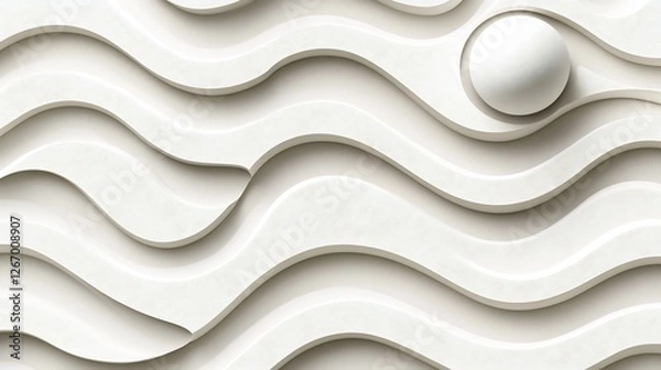 Fototapeta Serene white sphere rests gently in undulating wave pattern background. AI Generated