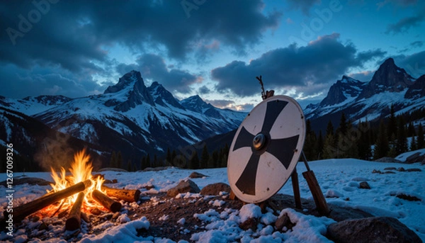 Fototapeta Viking shield by campfire in snowy mountains at dusk, warrior symbolism