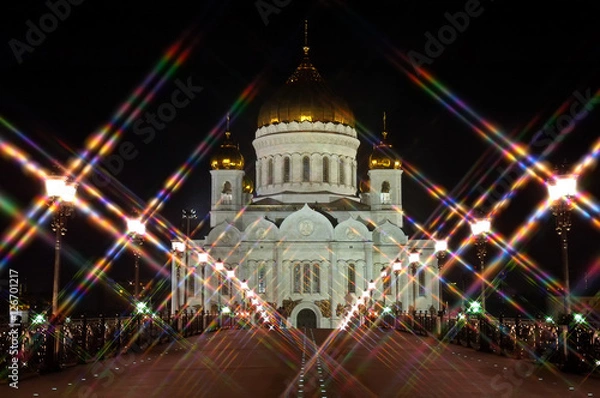 Obraz The Cathedral of Christ the Savior night Moscow Russia. Rear view from the bridge. Star filter. Landscape orientation