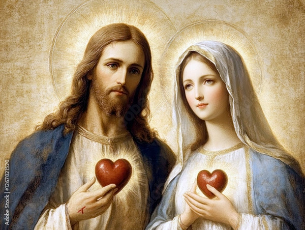 Fototapeta Jesus and Mary with sacred hearts on their chests. AI generative.
