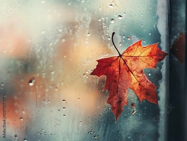Fototapeta Abstract Fall Leaves Sticking to a Rain-Covered Glass Window, Vibrant Autumn Foliage in Red, Orange, and Yellow with Blurred Background and Water Droplets for a Cozy Seasonal Mood