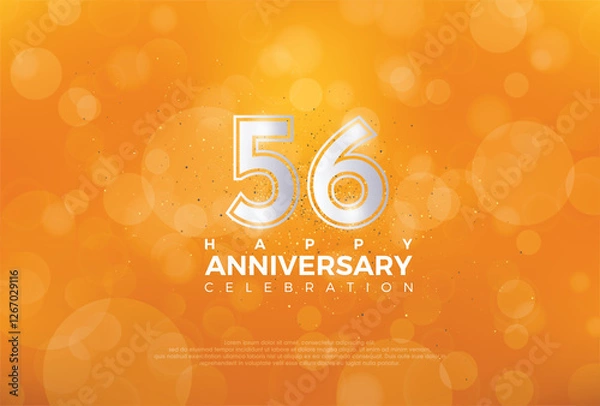 Obraz 56th Anniversary celebration, 56 Anniversary celebration, Realistic 3d sign, Orange background, festive illustration, Silver number 56 sparkling Glitter, 56,57