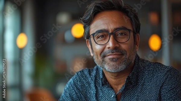 Fototapeta Confident Middle-Aged Man with Glasses Smiling in a Cafe