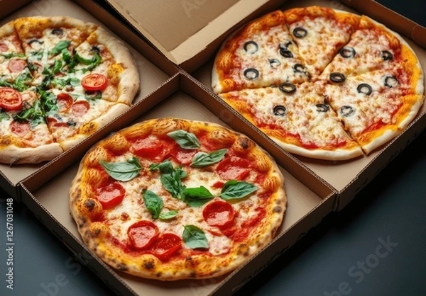 Fototapeta Three pizzas delivery boxes, dark background