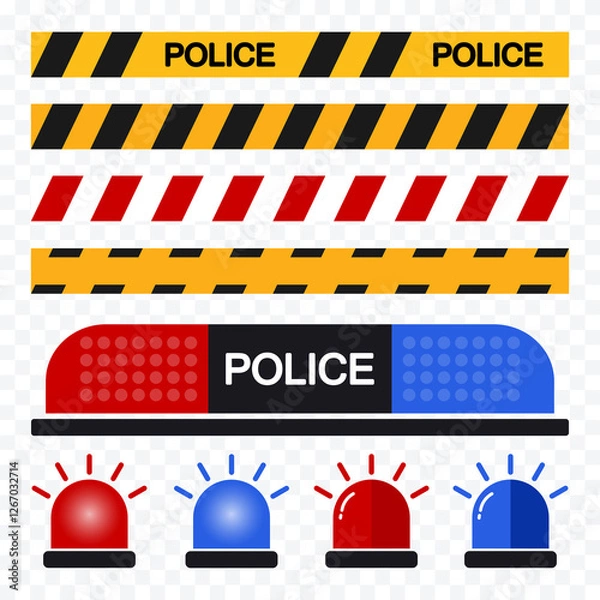 Fototapeta Siren installed, red and blue warning lights, police tape, flashing lights or ambulance.