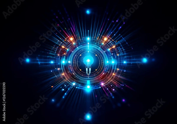 Fototapeta A vibrant digital artwork bursts with radiant blue and orange lights, creating a mesmerizing circular abstract design against a dark backdrop, suggesting energy and technology.