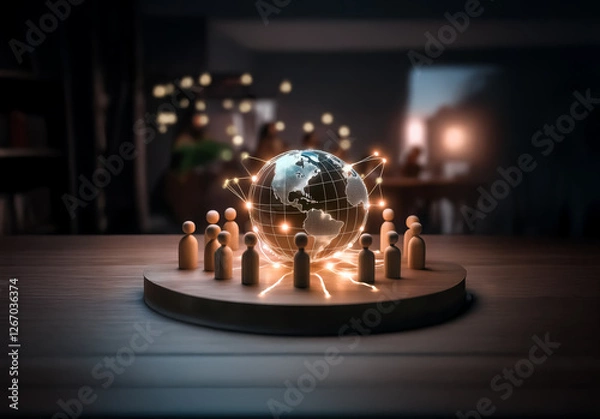 Fototapeta Glowing globe surrounded by wooden figures on a round platform with light trails, symbolizing global connection and digital network.