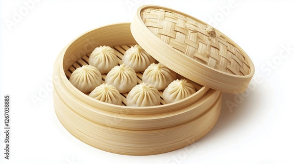 Fototapeta A fresh batch of Chinese dumplings delicately arranged in a bamboo steamer box, exuding authentic flavors.