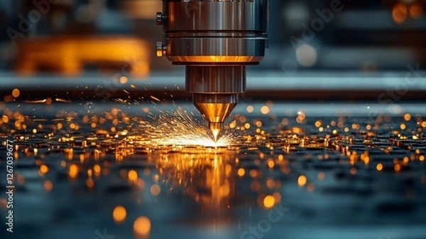 Fototapeta Close-up of CNC laser cutting machine in operation, sparks flying from metal sheet.