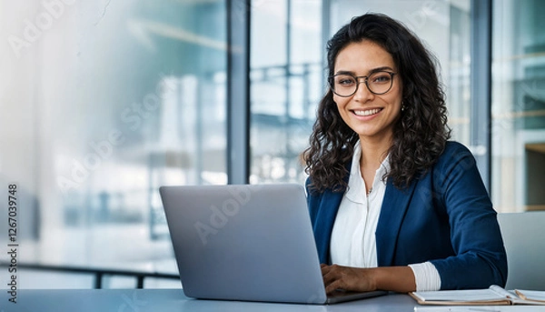 Fototapeta Smiling portrait professional it specialist latin hispanic business lady working on laptop pc sitting in modern office. Young middle eastern indian woman using computer technology for work. Copy space